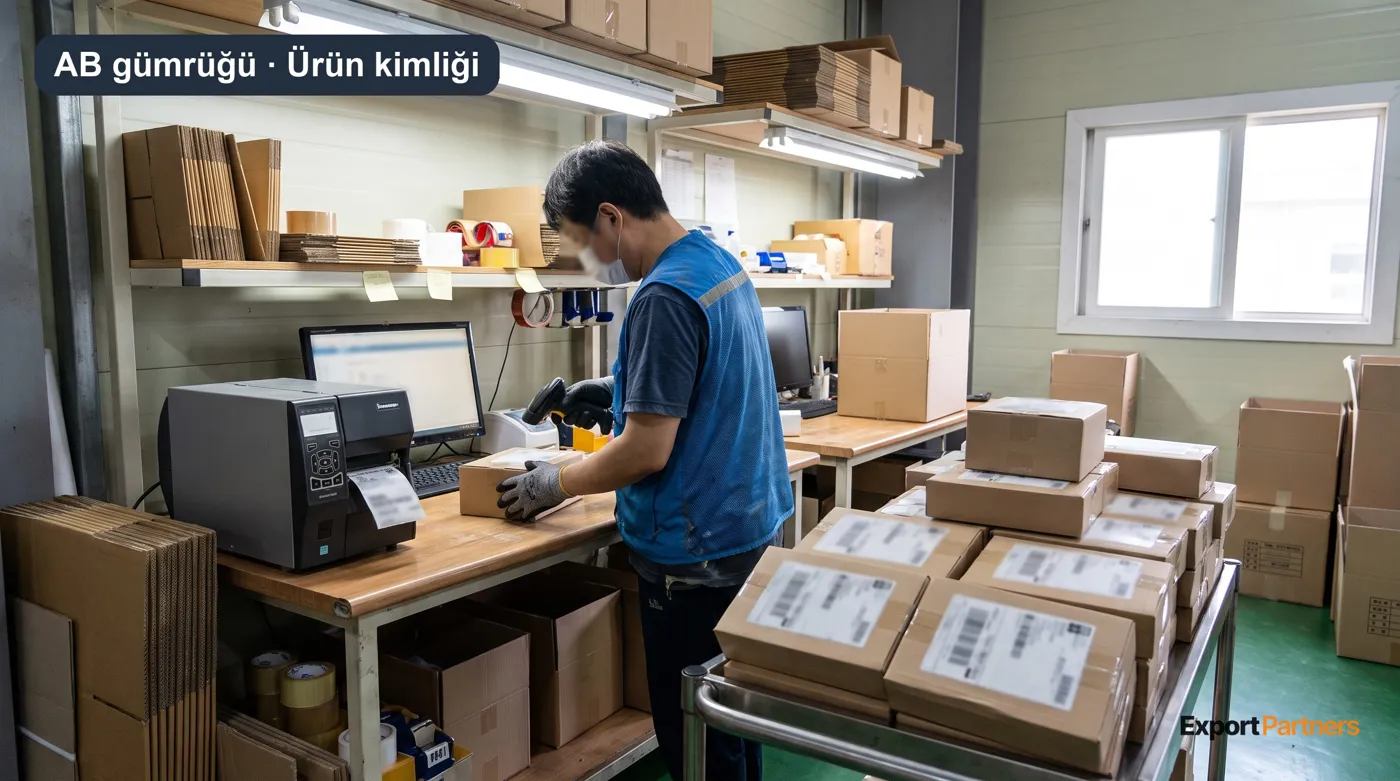 AB gümrüğü ve ürün kimliği: koli barkodu el terminaliyle okutuluyor