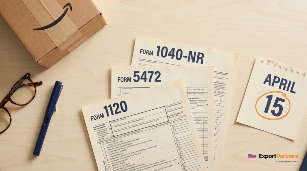 Form 1120, Form 5472 and Form 1040-NR papers stacked on a cream desk, next to a calendar marked April 15 and a small Amazon box