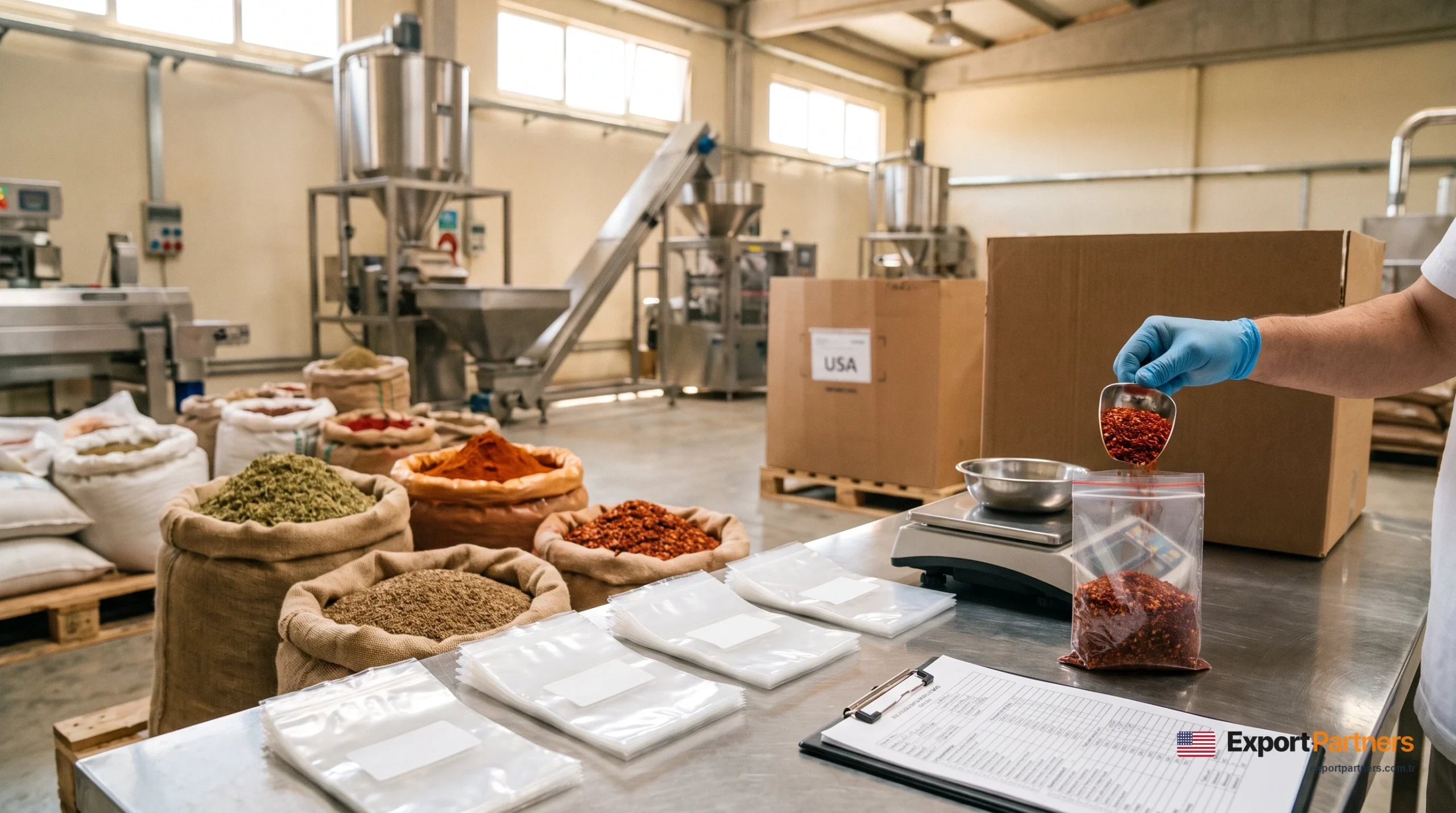 ABD'ye baharat ihracatı: paketleme tesisinde bir el pul biber numunesini laboratuvar poşetine koyuyor, arkada baharat çuvalları ve USA etiketli koliler