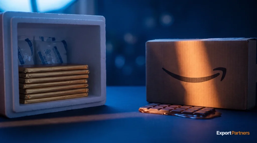 Two sides of a table: on the left, intact chocolate bars in a cold chain box; on the right, softened chocolate next to an Amazon box sitting in the sun
