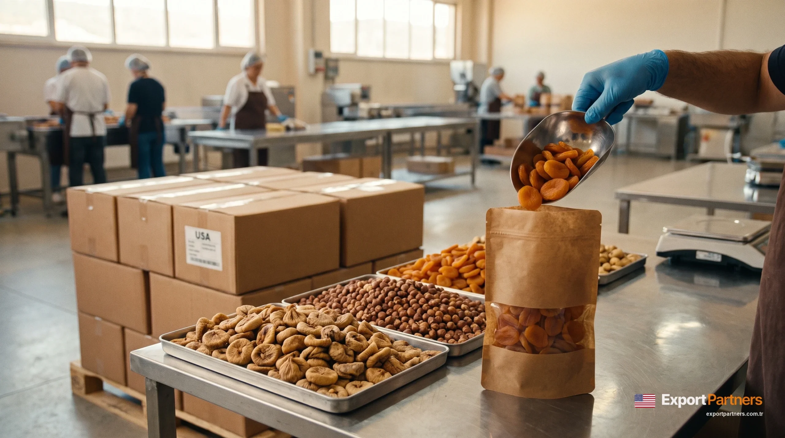 At a dried fruit packing facility, a hand fills a doypack with dried apricots, with crates of figs and hazelnuts and export boxes in the background