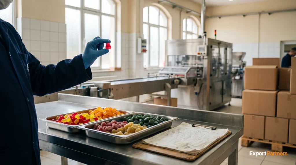 In a confectionery factory, a gloved hand compares a tray of bright red gummies with a tray of naturally colored gummies, with export cartons in the background
