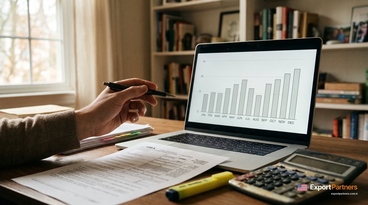 Annual sales chart on a laptop screen, next to a Form 1099-K sheet and a calculator; a hand compares the figures