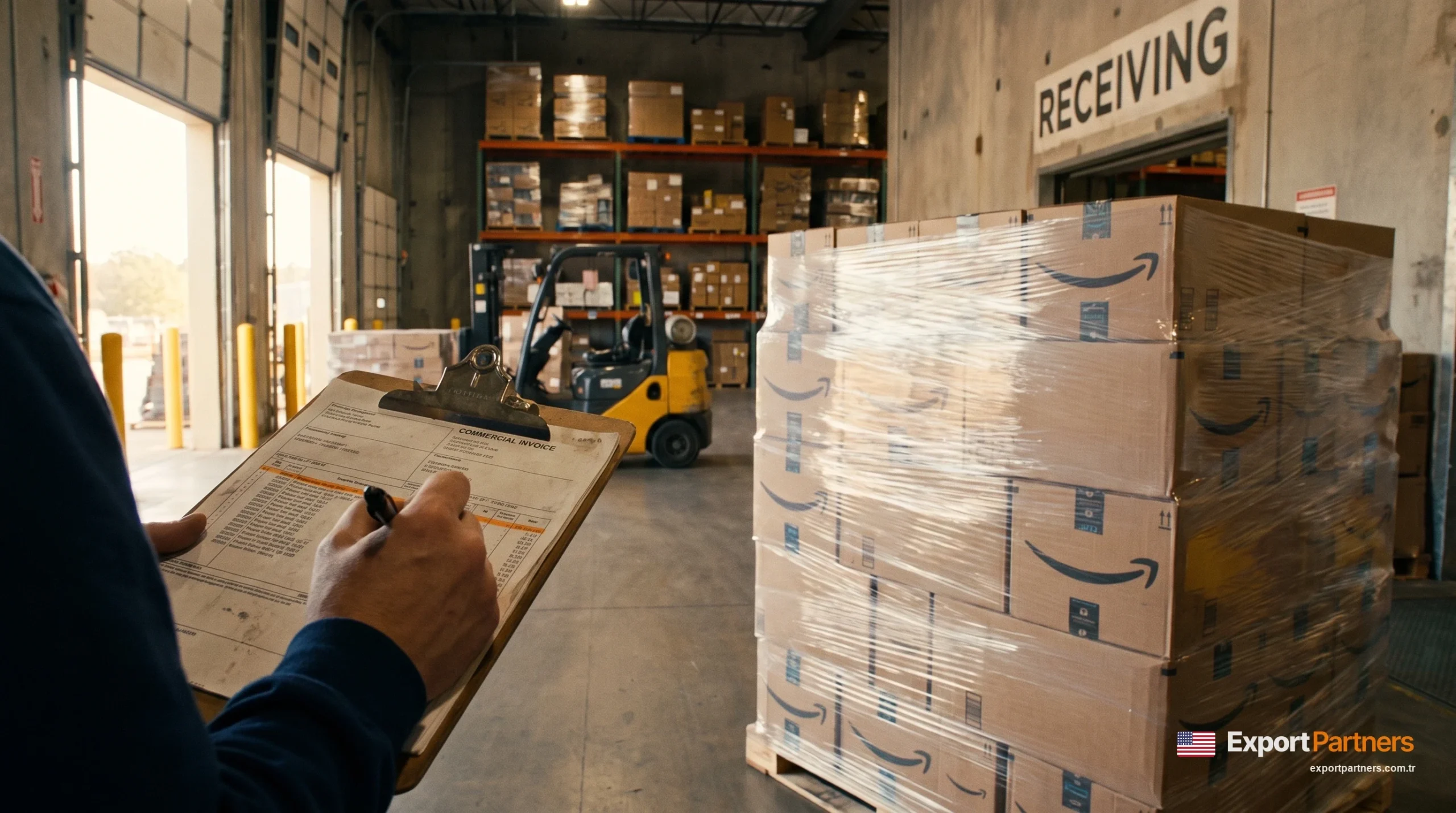 At a receiving dock in a U.S. warehouse, a hand marks the customs duty line on a commercial invoice with a pen, Amazon boxes in the background