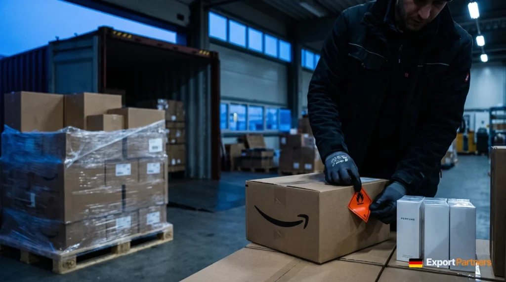 In a warehouse in Germany, cartons unloaded from a container on one side, and on the other a gloved hand applying an orange hazard label to an Amazon box