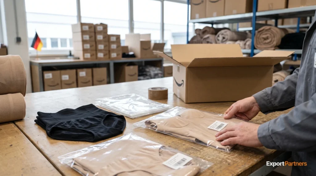 Tekstil atölyesinde paketleme masası: eller ten rengi dikişsiz toparlayıcı bodyi şeffaf poşete yerleştiriyor, yanında Amazon kolisi ve katlanmış siyah ürünler, arka planda küçük Almanya bayrağı