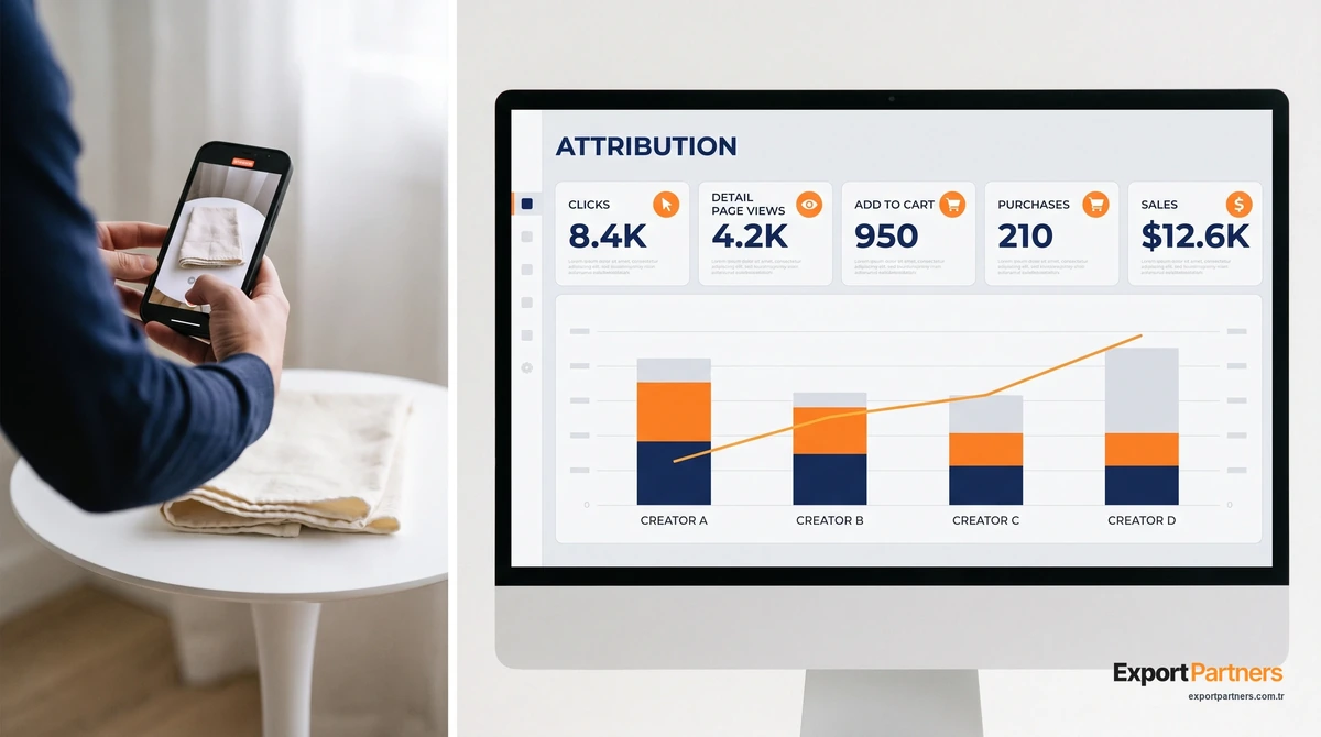 Solda influencer telefonla havlu tanıtım videosu çekiyor, sağda kareyi kaplayan Amazon Attribution panelinde tıklama, sepete ekleme ve satış metrikleri