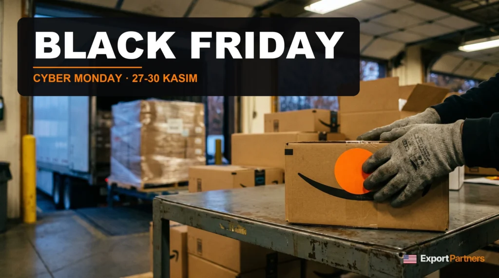 Amazon kolisine turuncu indirim etiketi yapıştırılıyor, sol üstte Black Friday ve Cyber Monday 27-30 Kasım yazısı; arka planda yükleme rampasında kamyondan inmeyi bekleyen paletler