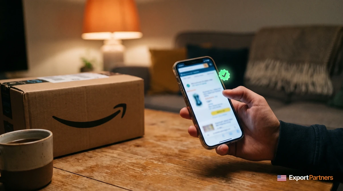 Bir el telefonda ürün sayfasındaki kupon kutusunu işaretliyor, yanında Amazon kolisi ve kahve fincanı