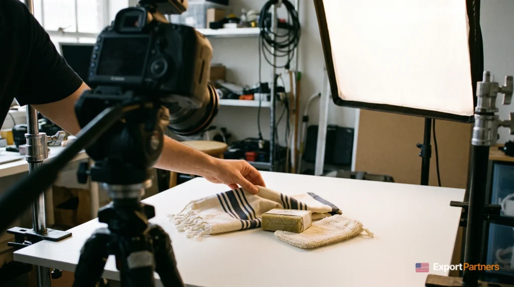 A bath set of a silk exfoliating mitt, a peshtemal towel and soap being photographed against a white background, with a camera and lights at the side