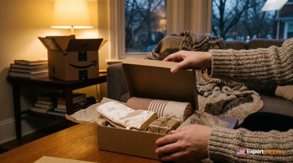 A person at home unboxing a silk exfoliating mitt, peshtemal towel and soap set from a gift box, with an Amazon shipping box beside them