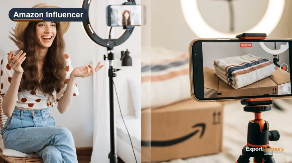 Amazon Influencer Program: an influencer filming a product video with a ring light and phone, next to a towel being filmed on top of an Amazon box