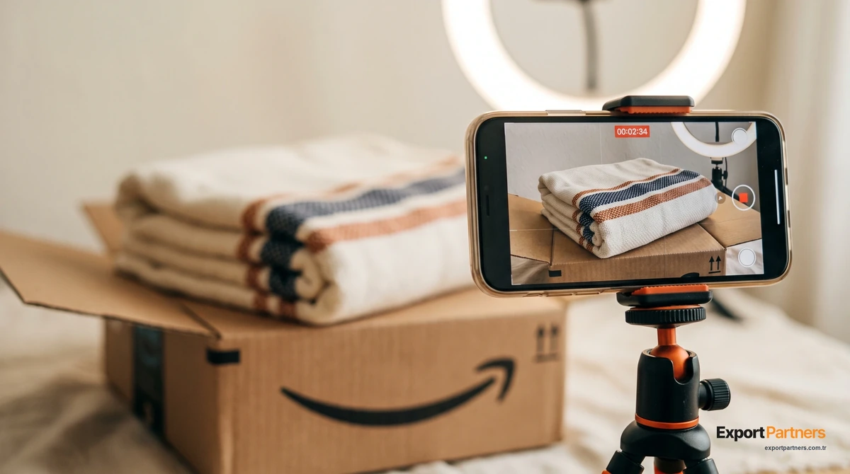 Amazon influencer ürün videosu: tripoddaki telefon, Amazon kolisi üzerindeki havluyu kaydediyor, arkada halka ışık