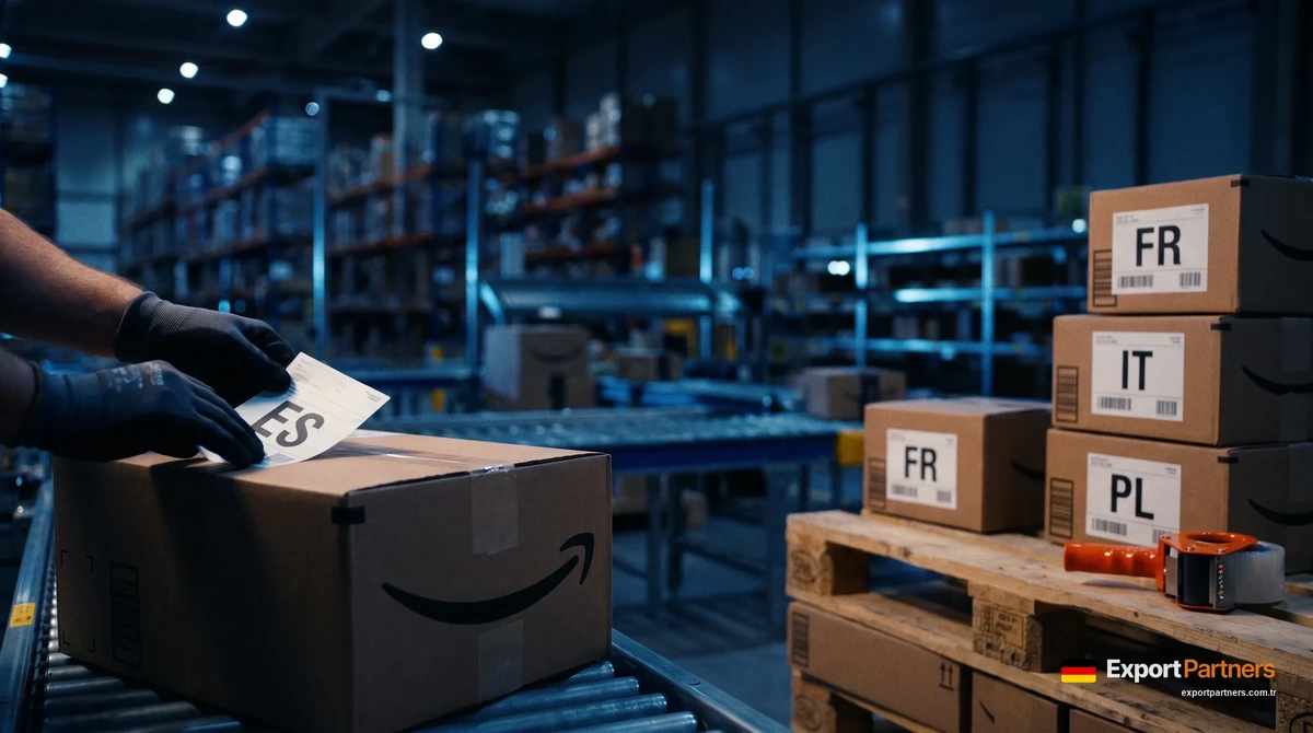 Amazon Avrupa'da satış: Almanya'daki Amazon deposunda bir el koliye ES etiketi yapıştırıyor, arkada FR ve IT etiketli koliler
