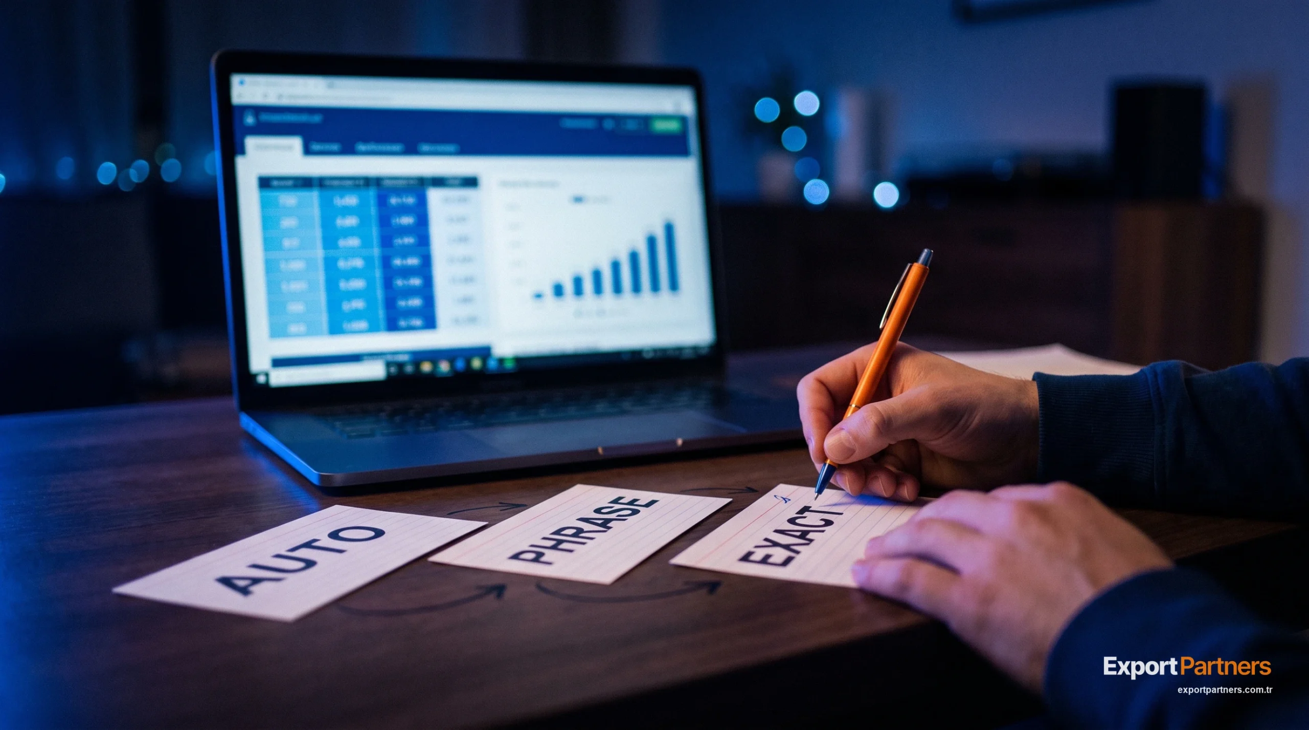 Three campaign cards labeled AUTO, PHRASE and EXACT lined up from left to right on a desk, a hand writing a bid amount on the EXACT card, a laptop with an advertising spreadsheet open in the background