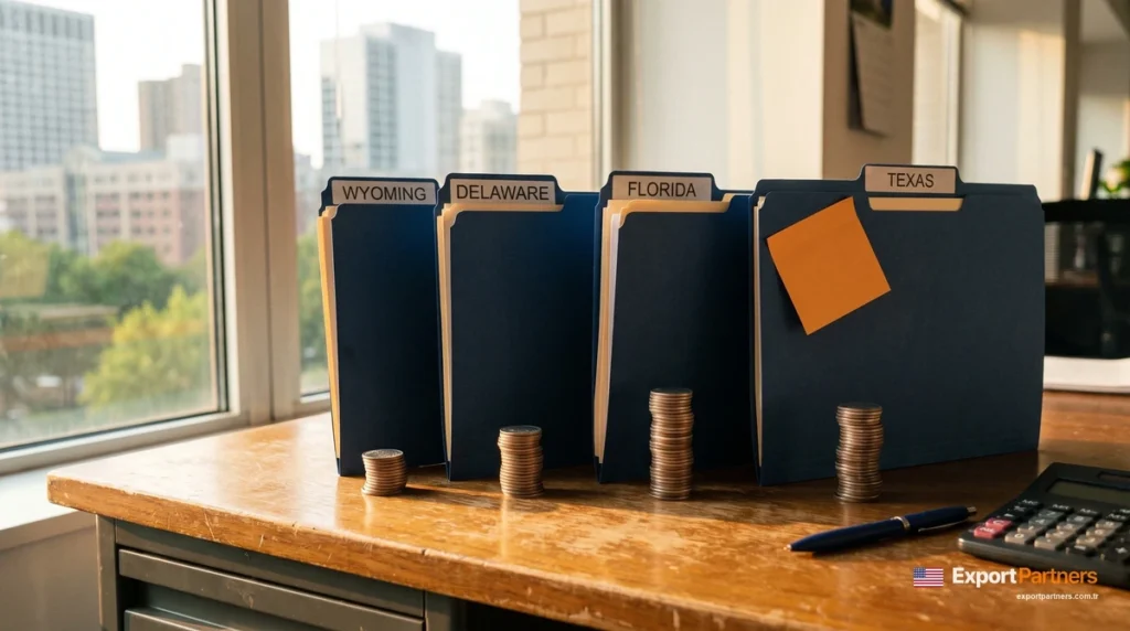 Four folders labeled Wyoming, Delaware, Florida and Texas from left to right on an office desk, with coin stacks of different heights in front of them