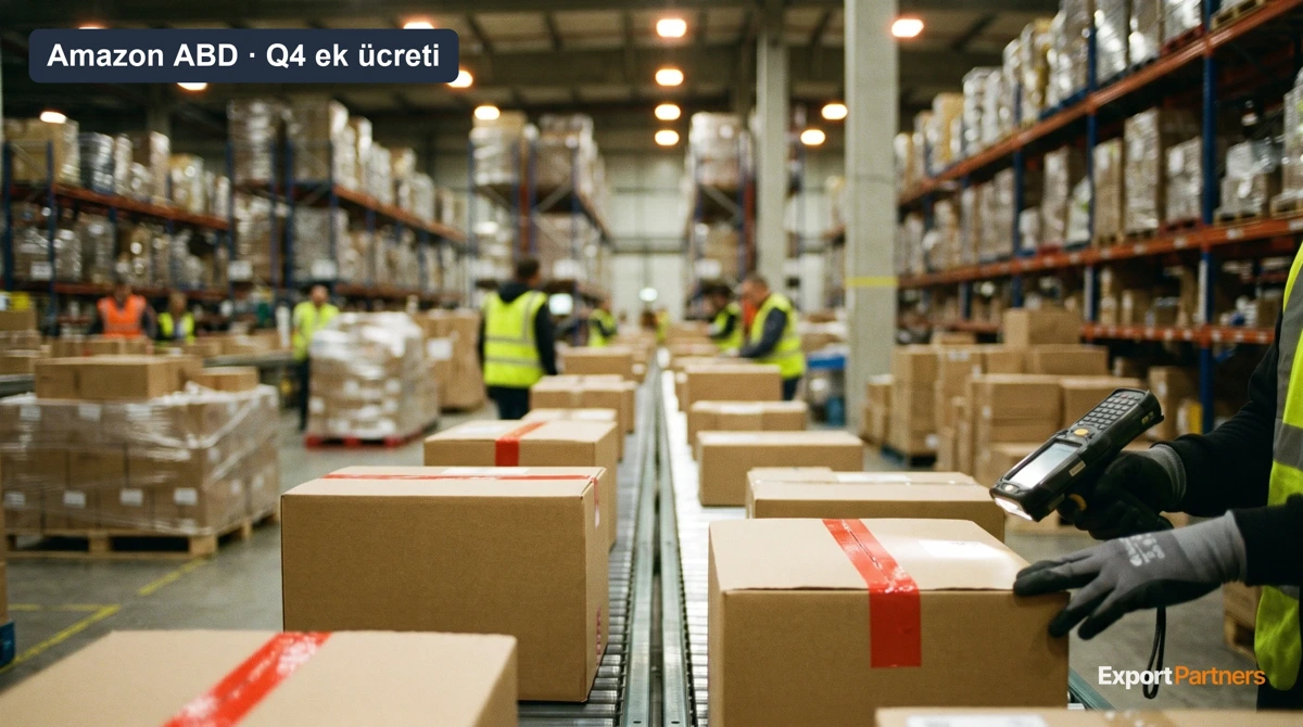 Q4'te bir e-ticaret deposunda yoğun bant, düz kahverengi koliler ve el terminaliyle çalışan bir işçi