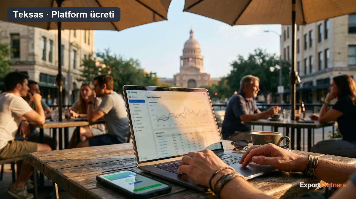 Austin'deki Teksas eyalet binası önünde bir online satıcı dizüstü bilgisayarında satış ve ücret panelini inceliyor