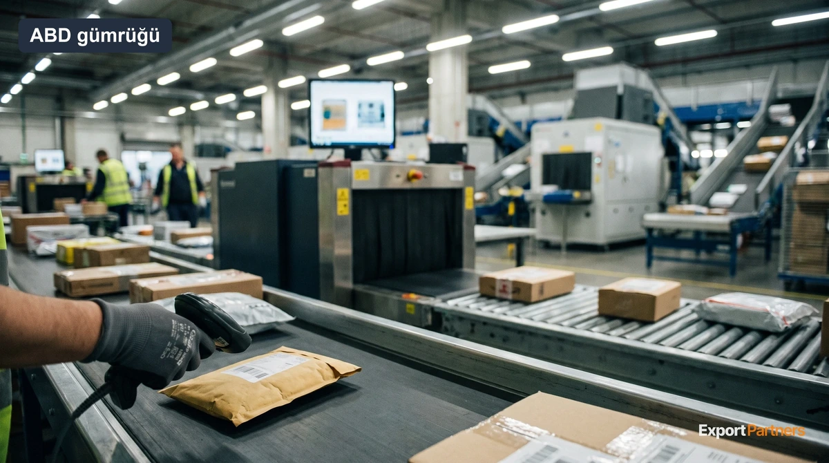 Uluslararası posta merkezinde küçük paketler banttan geçiyor, bir görevli el terminaliyle paket okutuyor