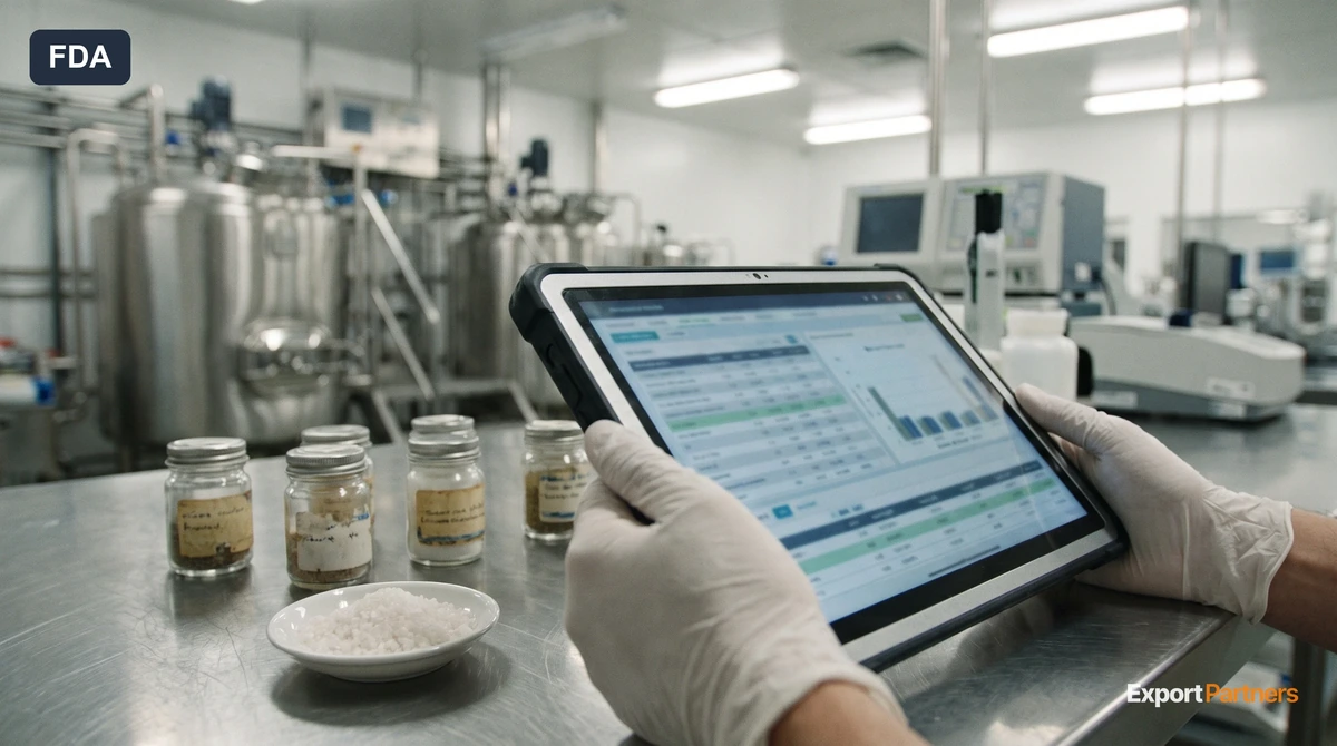 Bir gıda fabrikasının kalite laboratuvarında bir uzman tablette parti kayıtlarını kontrol ediyor, masada numune kavanozları