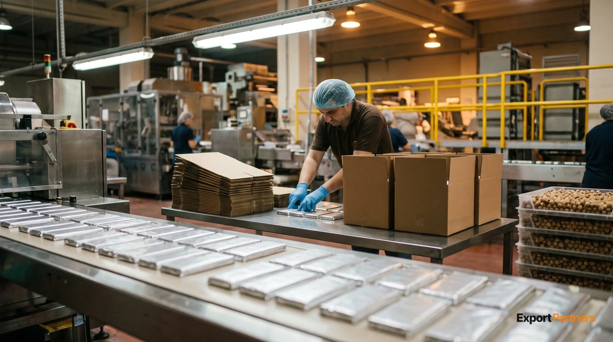 Türkiye'deki bir çikolata fabrikasında paketleme hattının sonunda tabletler kolilere yerleştiriliyor