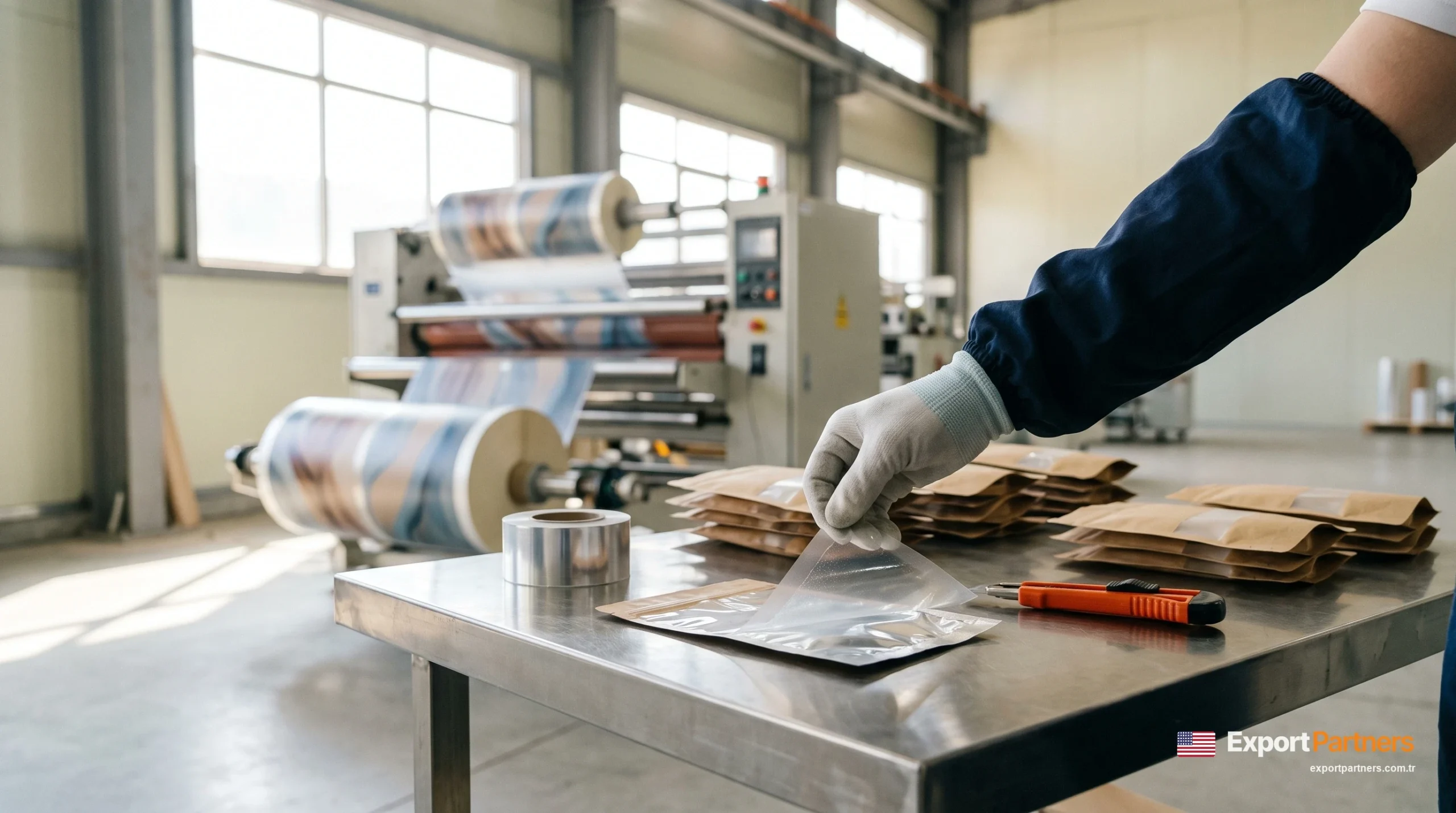 At a packaging facility, a hand peels apart the cross-section of a laminated food pouch, showing the film, adhesive and foil layers, with a laminating machine in the background