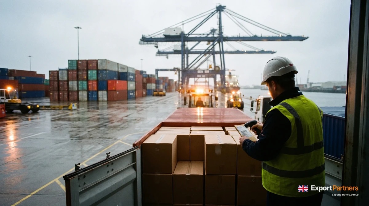 A customs officer checks a parcel label in front of an opened container at a UK port