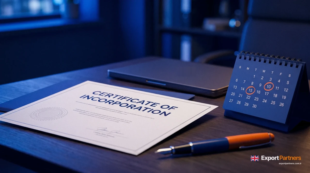A Certificate of Incorporation on a navy desk, next to a desk calendar with annual filing dates marked and a laptop
