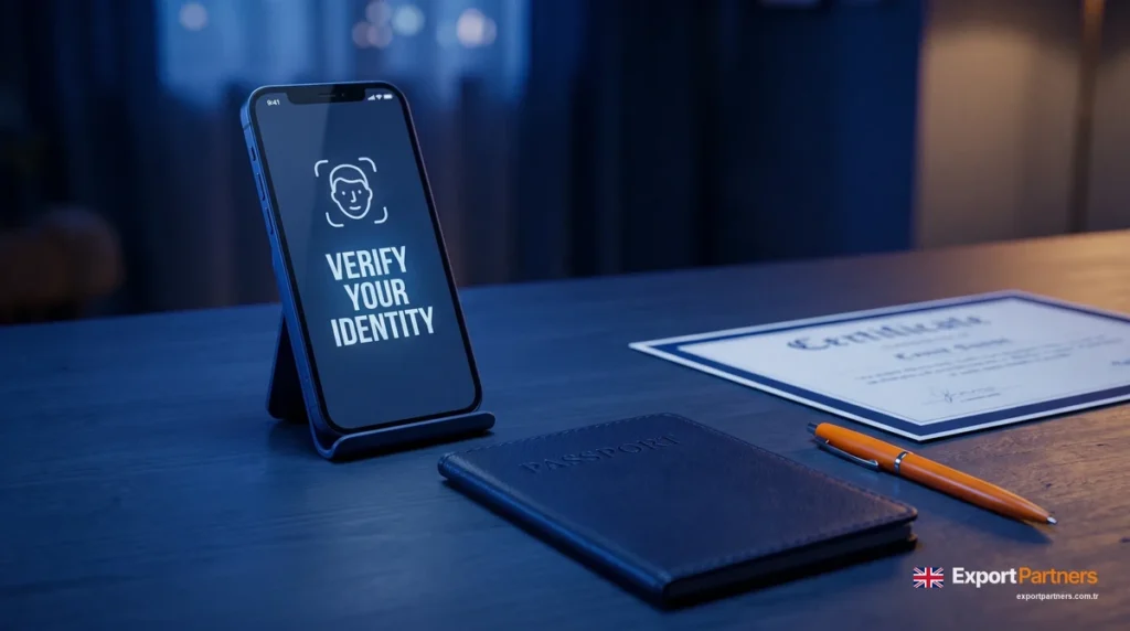 Lacivert masada pasaport ve ekranında Verify your identity yazan telefon, yanında kuruluş belgesi