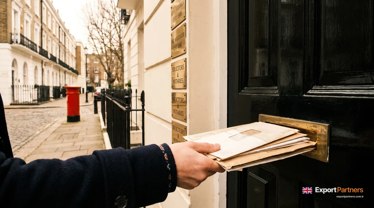 Londra'da kayıtlı ofis binasının kapısında şirket plakaları, bir el resmi mektupları posta kutusundan alıyor