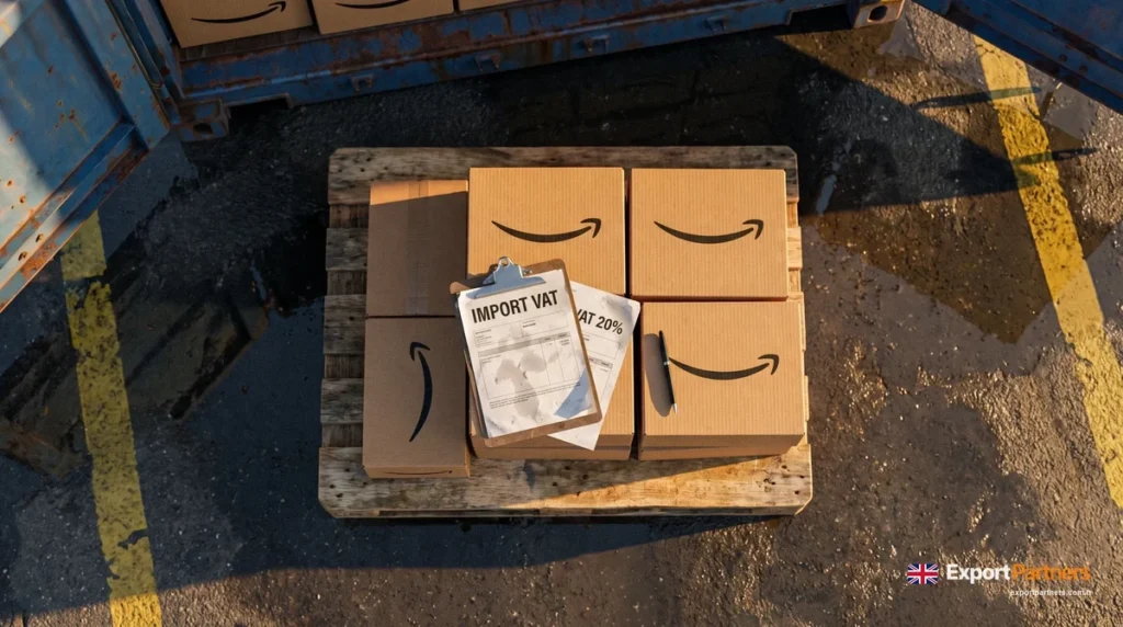 Overhead shot: a pallet of Amazon boxes at a UK port, with two documents on top reading Import VAT and VAT 20%