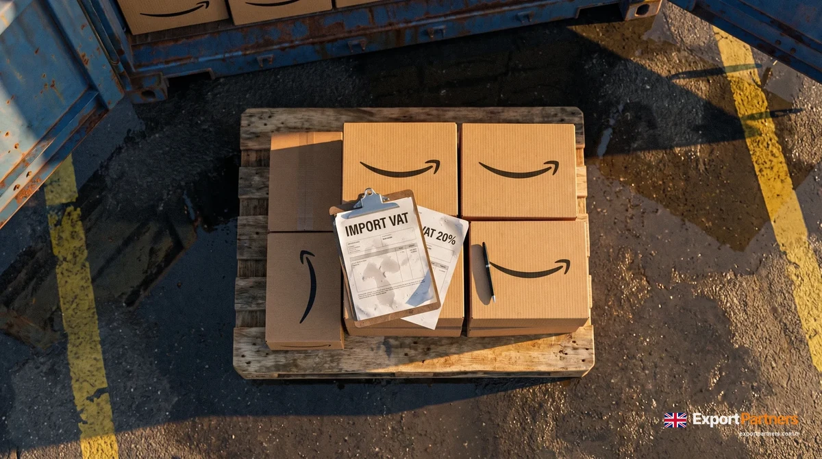Overhead shot: a pallet of Amazon boxes at a UK port, with two documents on top reading Import VAT and VAT 20%