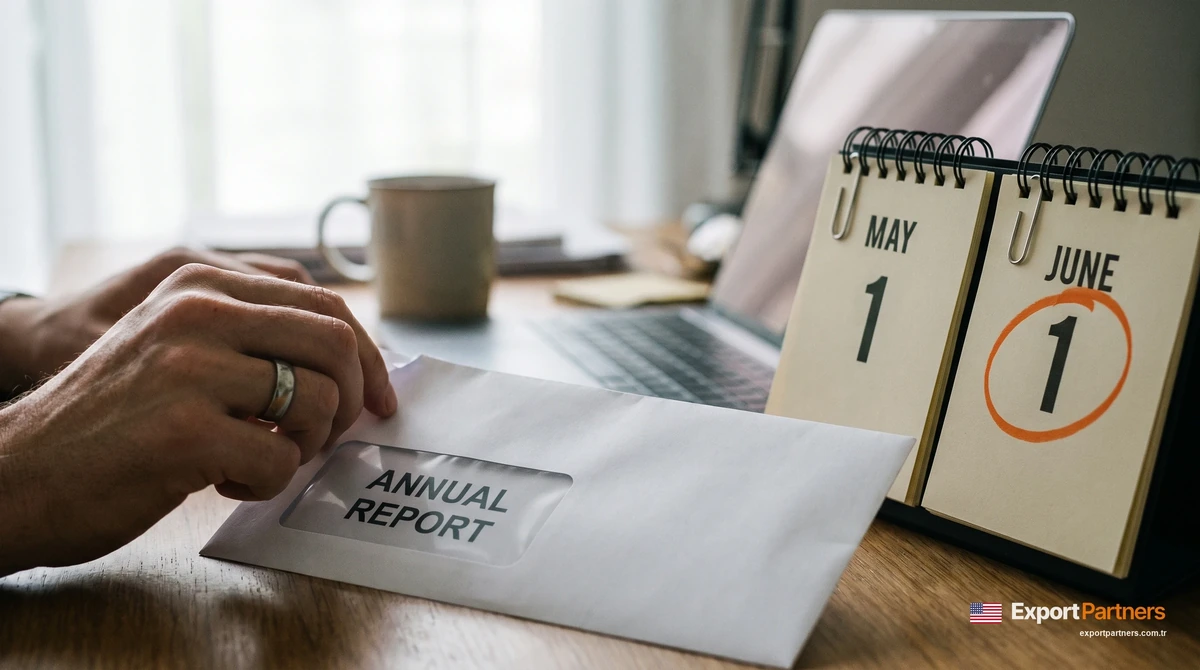 A hand opens an envelope marked Annual Report; on the desk, a calendar with May 1 and June 1 marked