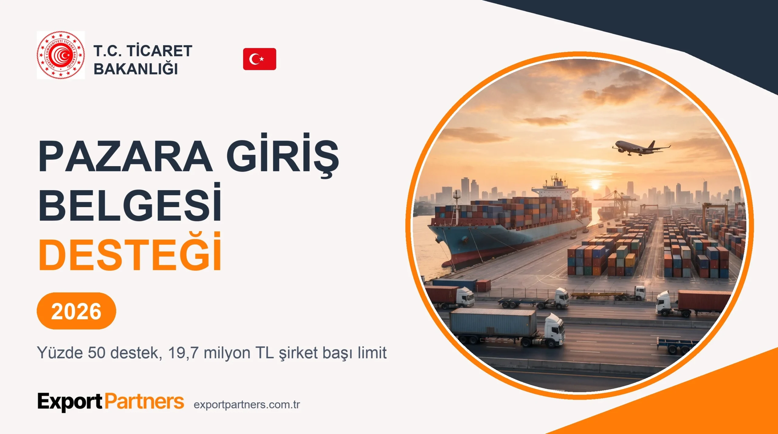 Pazara giriş belgesi desteği 2026: konteyner gemisi, kamyonlar ve kargo uçağı, T.C. Ticaret Bakanlığı logosu ve Türk bayrağı