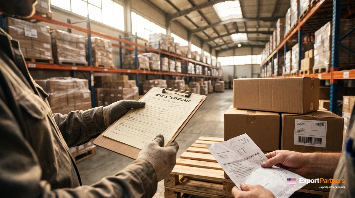 In a U.S. wholesale warehouse, a buyer next to pallets hands a Resale Certificate form to the supplier