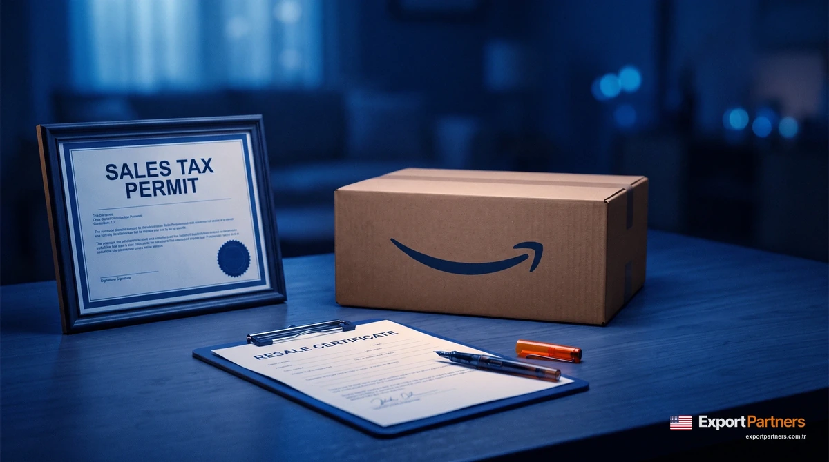 On a navy desk, a framed Sales Tax Permit on the left, a Resale Certificate form with a signature line on the right, and an Amazon box in the background
