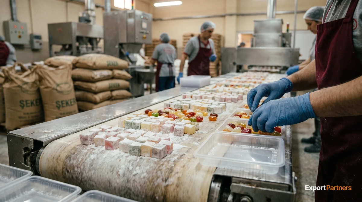 Türkiye'deki bir şekerleme tesisinde renkli lokumlar ve akide şekerleri paketleme bandında ilerliyor